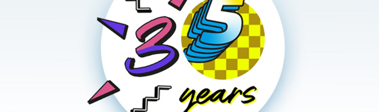 Die Zahl 35 auf einem Kreis mit dem Wort "years" und verschiedenen dynamischen Symbolen
